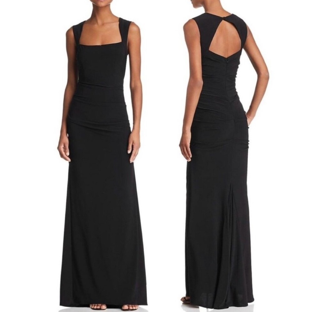 Adrianna Papell Black Squared Neck Ruched Gown